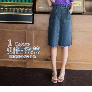 Slit-front Paperbag Denim Skirt