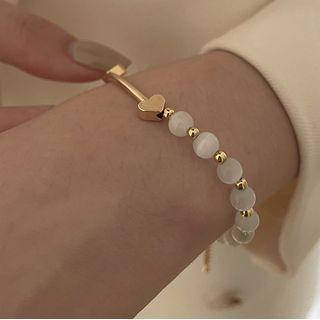 Cat Eye Stone Bead Heart Alloy Bracelet 1 Pc - Cat Eye Stone Bead Heart Alloy Bracelet - Gold - One Size
