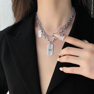 Layered Chain Necklace Necklace - Stainless Steel Butterfly - Lettering - Cube - One Size