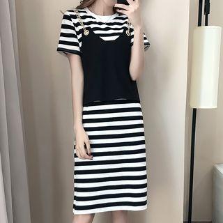 Set: Chained Camisole Top + Striped Short-sleeve T-shirt Dress
