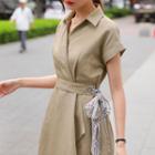 Open-placket Linen Blend A-line Dress With Sash