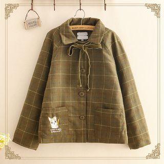Dog Embroidered Tie-neck Check Pattern Coat