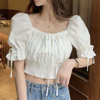Puff-sleeve Shirred Drawstring Crop Top