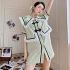 Short-sleeve Frill Trim Frog-button Mini Dress