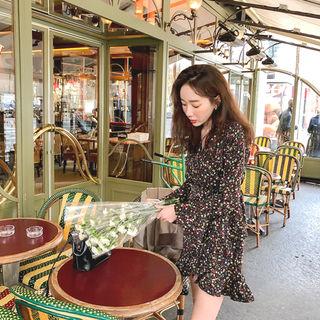 Flounced Floral Chiffon Wrap Dress With Sash