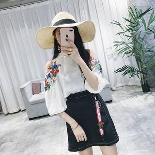 Set: Cutout Shoulder Elbow-sleeve Top + Skirt