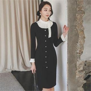 Color-block Faux-pearl Buttoned Sheath Dress