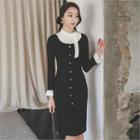 Color-block Faux-pearl Buttoned Sheath Dress