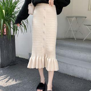 Flower Pattern Sweater / Ruffle Hem Midi Knit Skirt