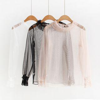 Lace Collar Long-sleeve Mesh Top