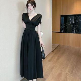 V-neck Open-back Ruched Maxi Dress
