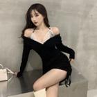 Long-sleeve V-neck Lace Slim-fit Dress Black - One Size