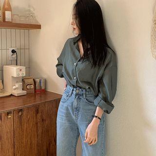 Pocket-front Textured Shirt Dark Green - One Size