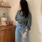 Pocket-front Textured Shirt Dark Green - One Size