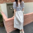 Short-sleeve Button-up Blouse / Midi A-line Skirt