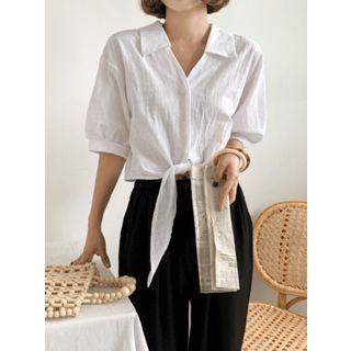 Open-placket Tie-hem Cropped Blouse