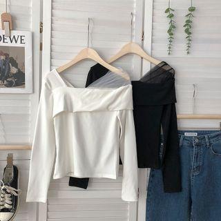 Plain Mesh Panel Long-sleeve T-shirt