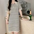 Short-sleeve Lapel Semi Zip-up Striped Dress