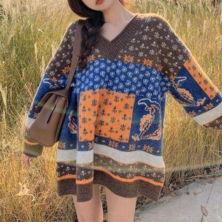 Patterned Sweater Flowers - Brown & Blue & Tangerine - One Size