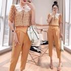Set: Short-sleeve Embellished Sheer Blouse + Camisole Top + Straight-fit Capri Pants