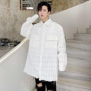 Long-sleeve Pocket Front Frayed Tweed Shirt