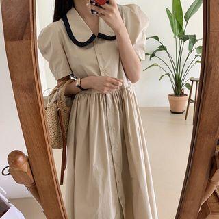 Short-sleeve Contrast Collar Midi A-line Dress Khaki - One Size
