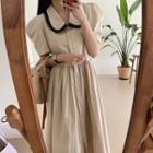 Short-sleeve Contrast Collar Midi A-line Dress Khaki - One Size