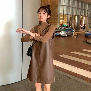 Mock Neck Long-sleeve Top / Faux Leather Mini Pinafore Dress