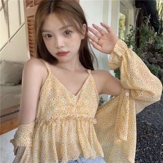 Set: V-neck Floral Print Camisole Top + Shirt