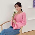 V-neck Wide-sleeve Slit-cuff Knit Top