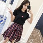 Set: Heart Short-sleeve T-shirt + Plaid A-line Skirt