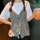 Mock Two-piece Checked Short-sleeve T-shirt
