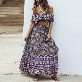 Set: Floral Off-shoulder Crop Top + Maxi A-line Skirt