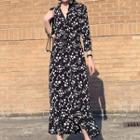 Elbow-sleeve V-neck Floral Midi Dress