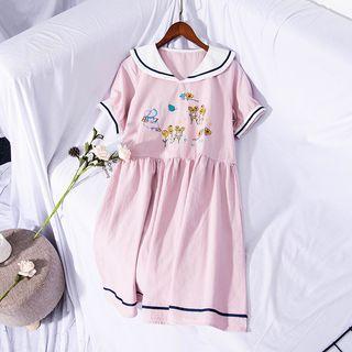 Short-sleeve Floral Collared Dress Light Pink - One Size