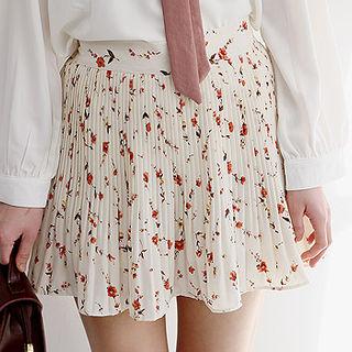 Accordion-pleat Floral Chiffon Miniskirt
