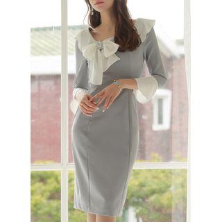 Tie-neck Chiffon-ruffle Midi Sheath Dress