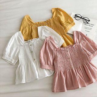 Plain Square-neck Frilled Ruffled-trim Puff-sleeve Top