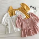 Plain Square-neck Frilled Ruffled-trim Puff-sleeve Top