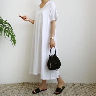 V-neck Flared Long T-shirt Dress