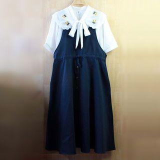 Set: Bow-neck Short Sleeve Embroidered Blouse + Drawstring Pinafore Dress