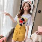 Set: Flower Applique Short Sleeve T-shirt + Buttoned A-line Skirt