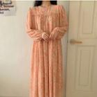 Puff-sleeve Floral Print Midi A-line Dress Orange Yellow - One Size