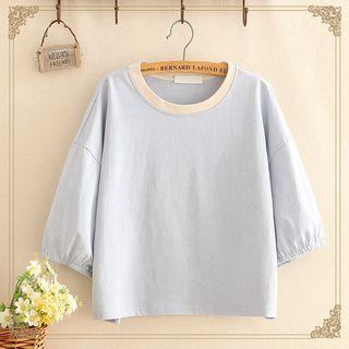 Elbow-sleeve Contrast-collar Top
