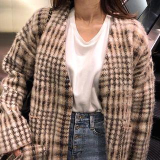 V-neck Checked Cardigan With Scarf