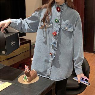 Flower Accent Frill Trim Denim Shirt Jacket
