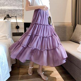 Tiered Frill Trim A-line Midi Skirt Purple - One Size