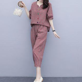 Set: Elbow-sleeve Check Blouse + Cropped Harem Pants