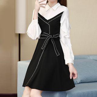 Mock Two-piece Long-sleeve A-line Dress / Lace Long-sleeve A-line Dress