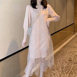 Spaghetti Strap Midi Sequined Dress / Lantern-sleeve Sweater Dress